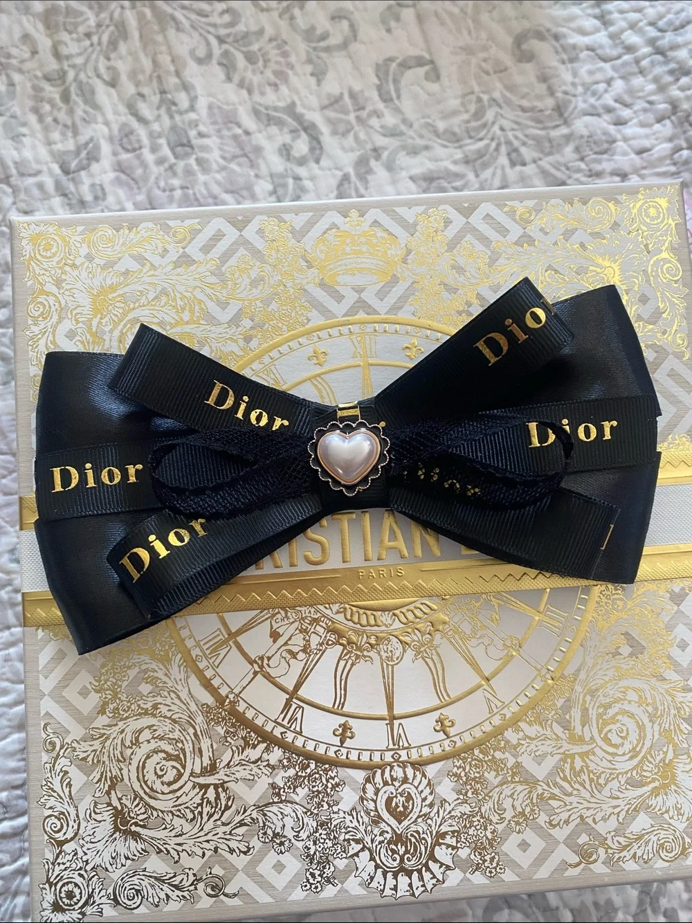 Dior Black Grosgrain Bow with Pearl Heart Center Hairclip
